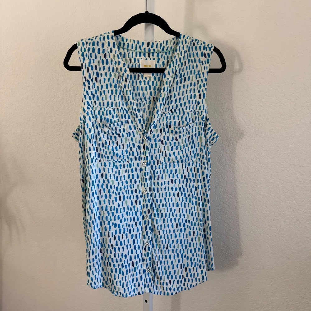 Maeve Anthropologie Blue White Dot Sleeveless Button Front Top Size 12 Rayon